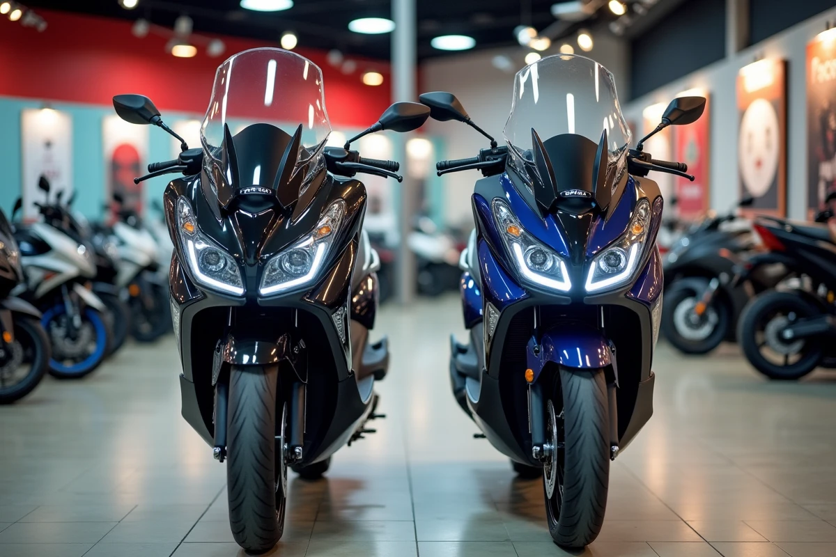 Comparatif TMAX 750 et TMAX 560 côte à côte en concession moto