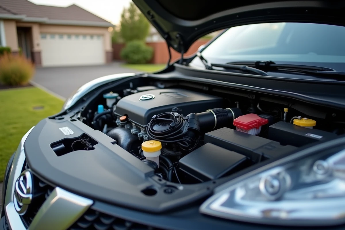 Vue détaillée du compartiment moteur d'une Nissan Juke ouvert, montrant le turbo et les composants mécaniques