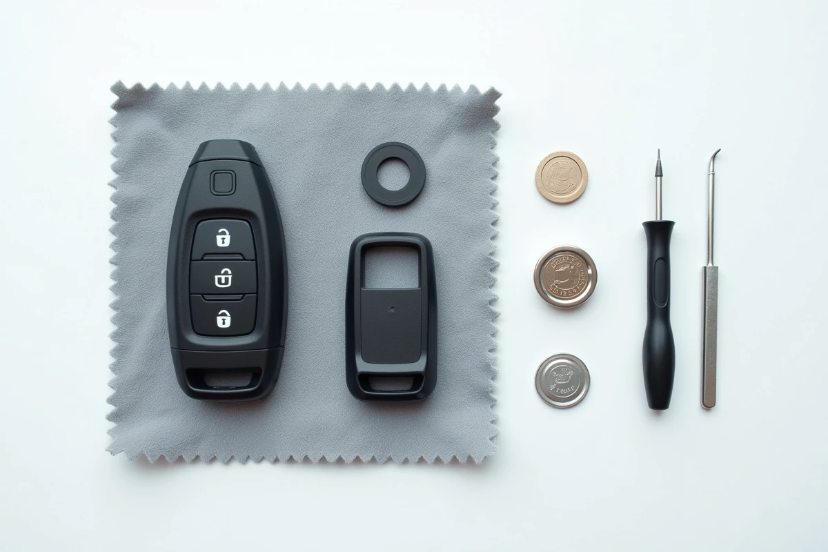 Vue à plat des composants d'une clé Renault Clio 4 démontée avec pile CR2032 et outils sur tissu gris