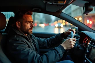 Conducteur inquiet au volant la nuit hésitant après avoir consommé de l'alcool