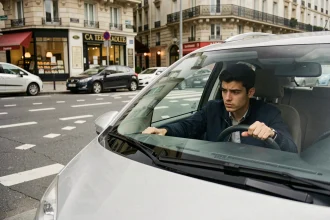 Conducteur débutant au volant d'une voiture regardant les marquages au sol d'une zone de livraison en pointillés dans une rue parisienne