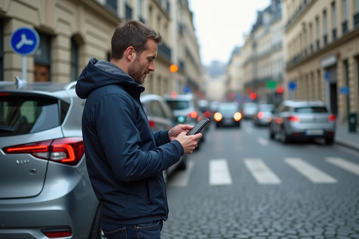 Conducteur consultant les règles de circulation urbaine sur smartphone en ville