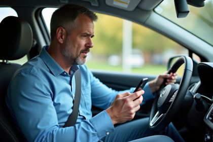 Homme au volant regardant son smartphone en conduisant