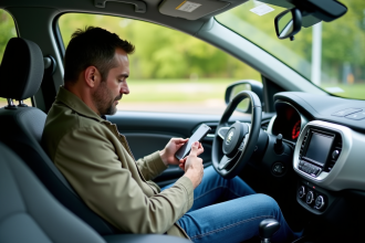 Homme moyenâgeux vérifiant guide économie carburant dans sa voiture