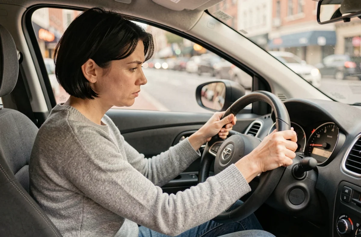 Conductrice ressentant des vibrations au volant à basse vitesse dans une voiture en ville