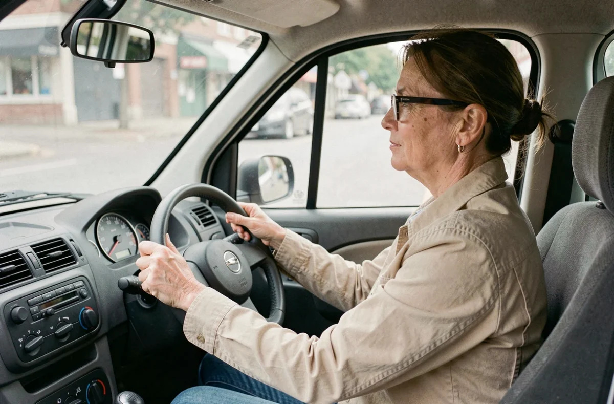 Conductrice de voiture sans permis au volant avec compteur de vitesse affichant 45 km/h limite légale