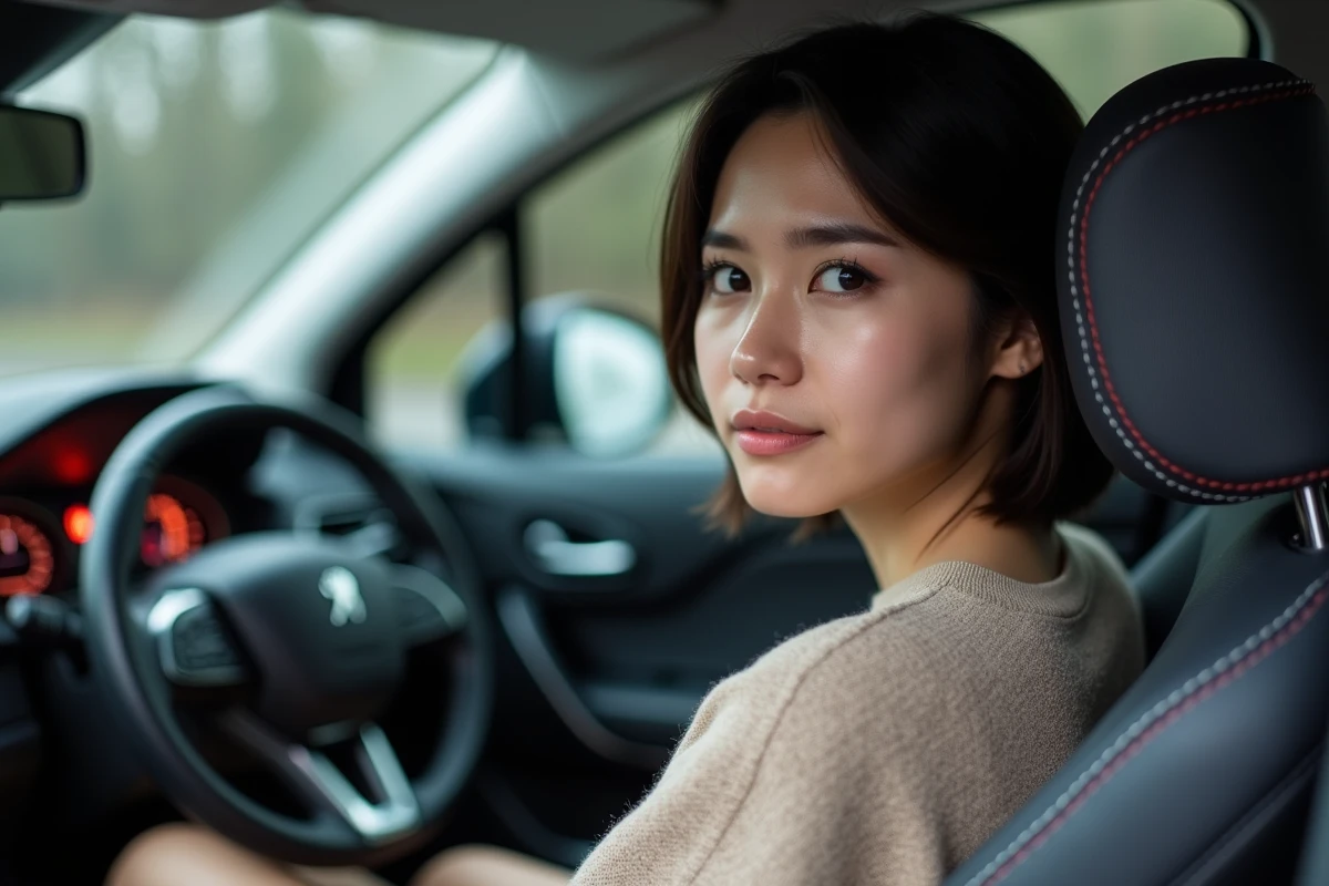Conductrice de Peugeot 208 observant un voyant d'alerte allumé sur le tableau de bord de son véhicule