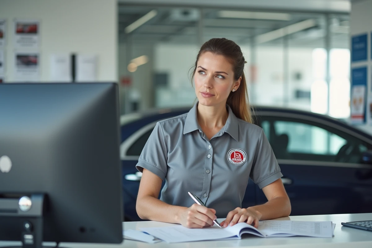 Conseillère technique en garage expliquant la facture d'un changement de courroie de distribution à l'accueil