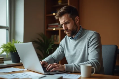 Homme consultant un rapport d'historique de véhicule CarVertical sur un ordinateur portable dans un bureau à domicile