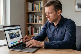 Homme consultant un site allemand de vente de voitures sur son ordinateur portable depuis son bureau à domicile