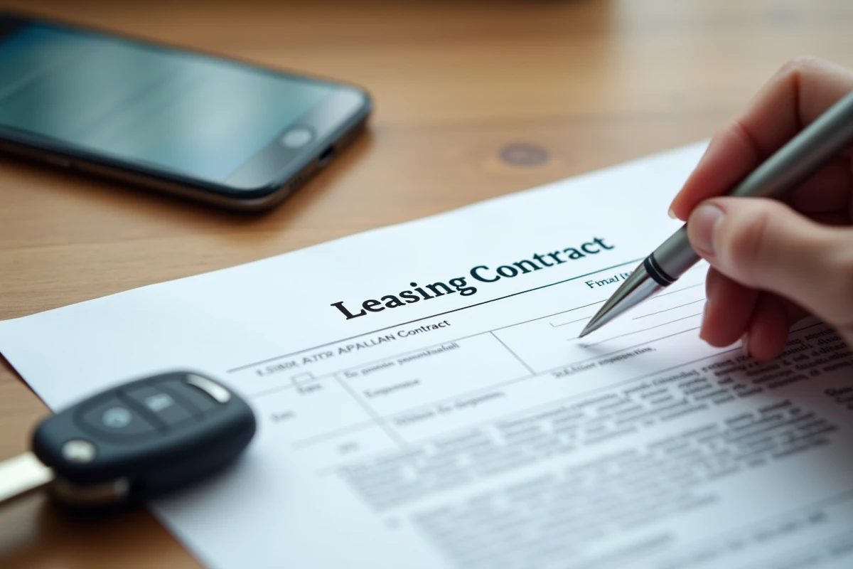 Signature d'un contrat de leasing voiture sans apport avec clé de voiture et smartphone sur bureau