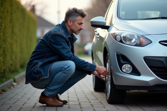 Homme vérifiant la pression des pneus de sa voiture dans la cour