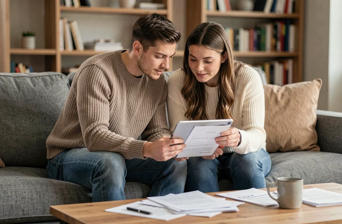 Couple comparant des assurances auto pas chères sur tablette dans leur salon