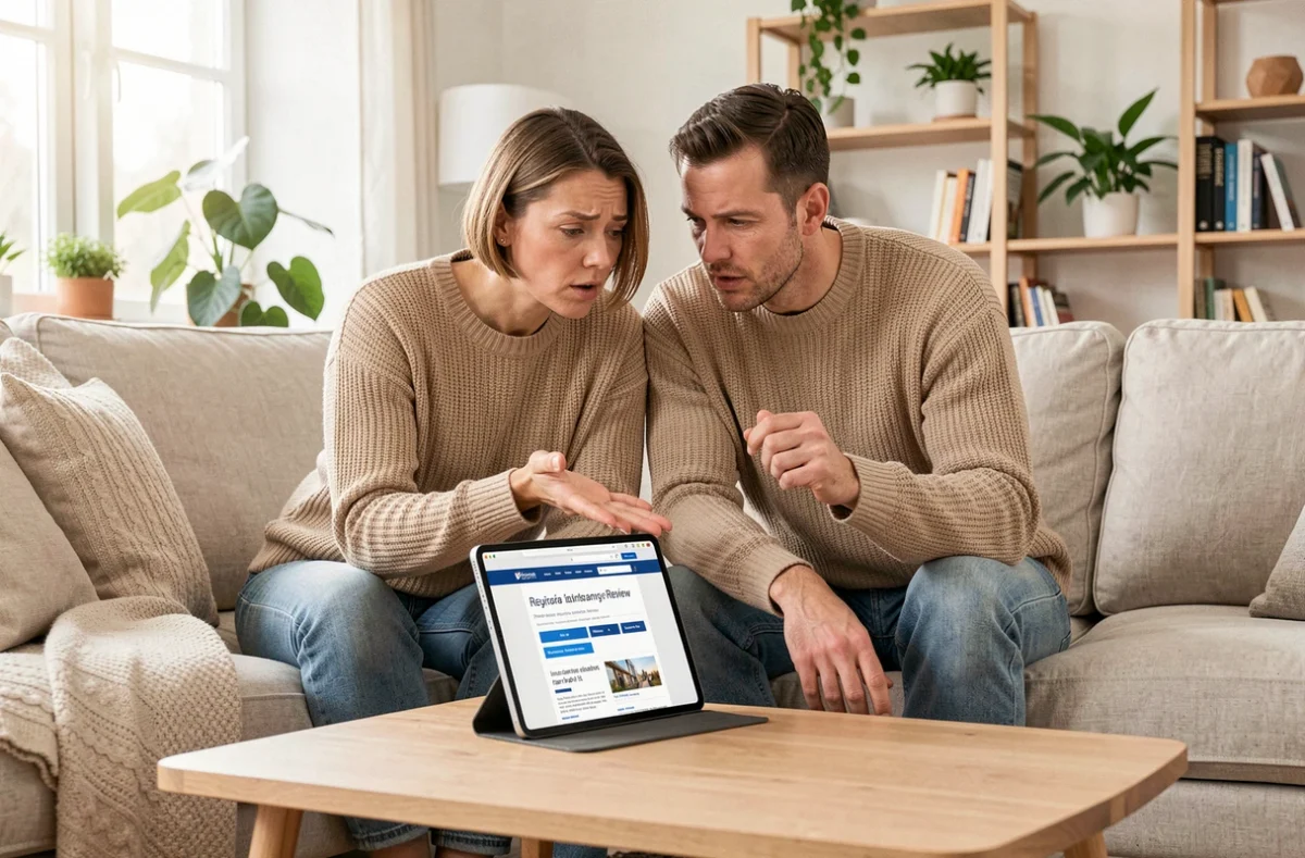 Couple comparant les avis Eurofil assurance auto sur une tablette dans leur salon