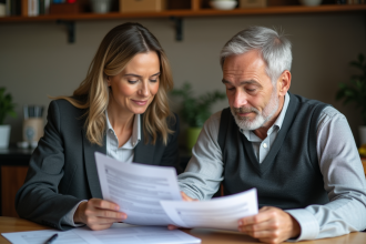Couple d'adultes examinant des documents à la maison
