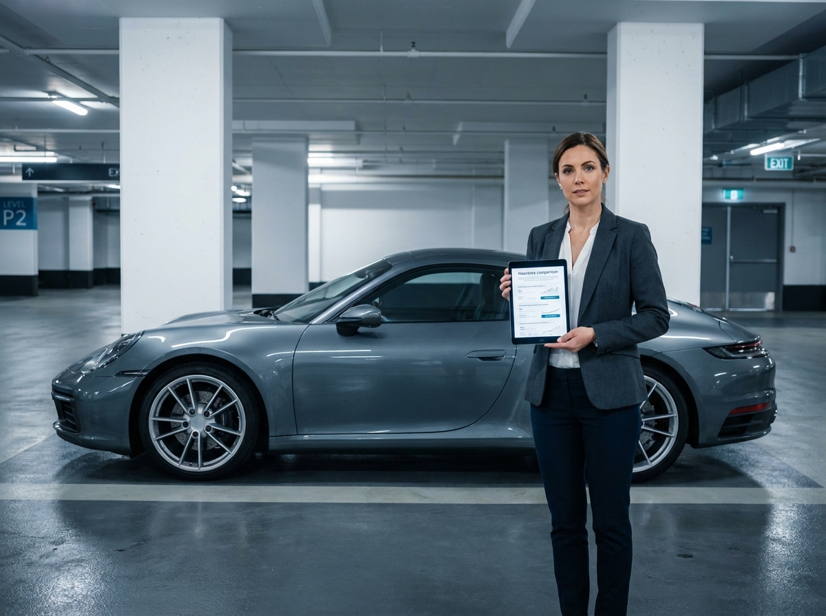 Courtière en assurance debout à côté d'une Porsche 911 grise dans un parking souterrain, consultant une tablette pour comparer les offres d'assurance