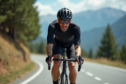 Coureur à vélo en descente sur route de montagne