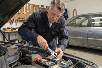 Mécanicien déconnectant la borne négative d'une batterie de voiture dans un garage résidentiel