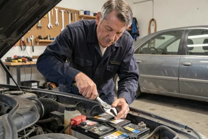 Mécanicien déconnectant la borne négative d'une batterie de voiture dans un garage résidentiel