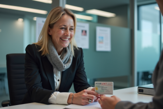 Femme souriante remettant son permis à un agent administratif