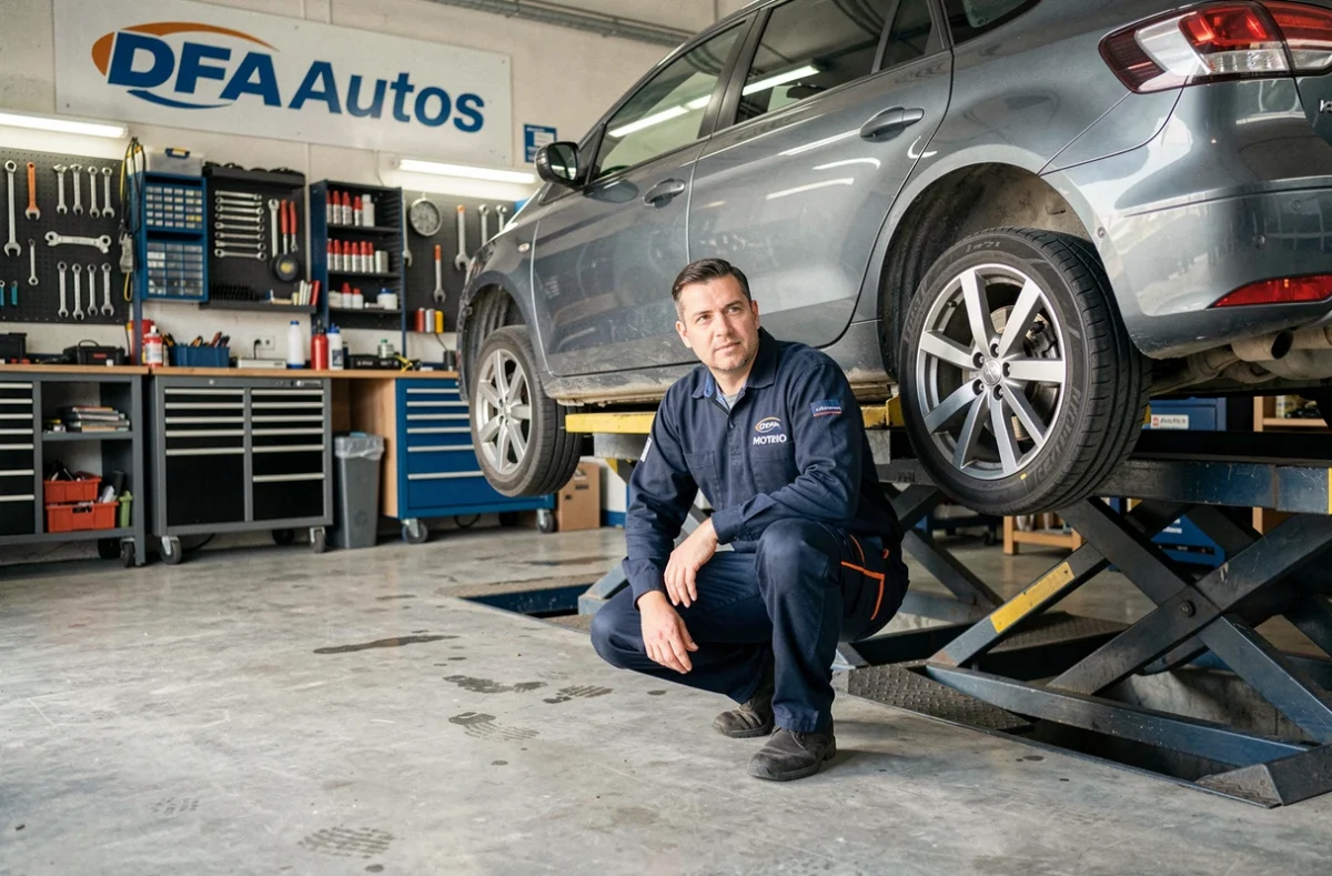 Mécanicien en uniforme Motrio travaillant sur un véhicule surélevé dans le garage DFA Autos à Rouffignac-Saint-Cernin-de-Reilhac