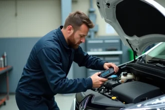 Technicien automobile diagnostiquant le système d'injection d'une Renault Clio 5 avec un scanner OBD dans un garage professionnel
