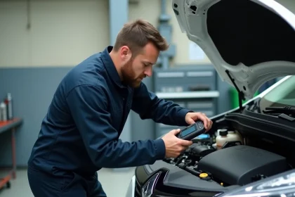 Technicien automobile diagnostiquant le système d'injection d'une Renault Clio 5 avec un scanner OBD dans un garage professionnel