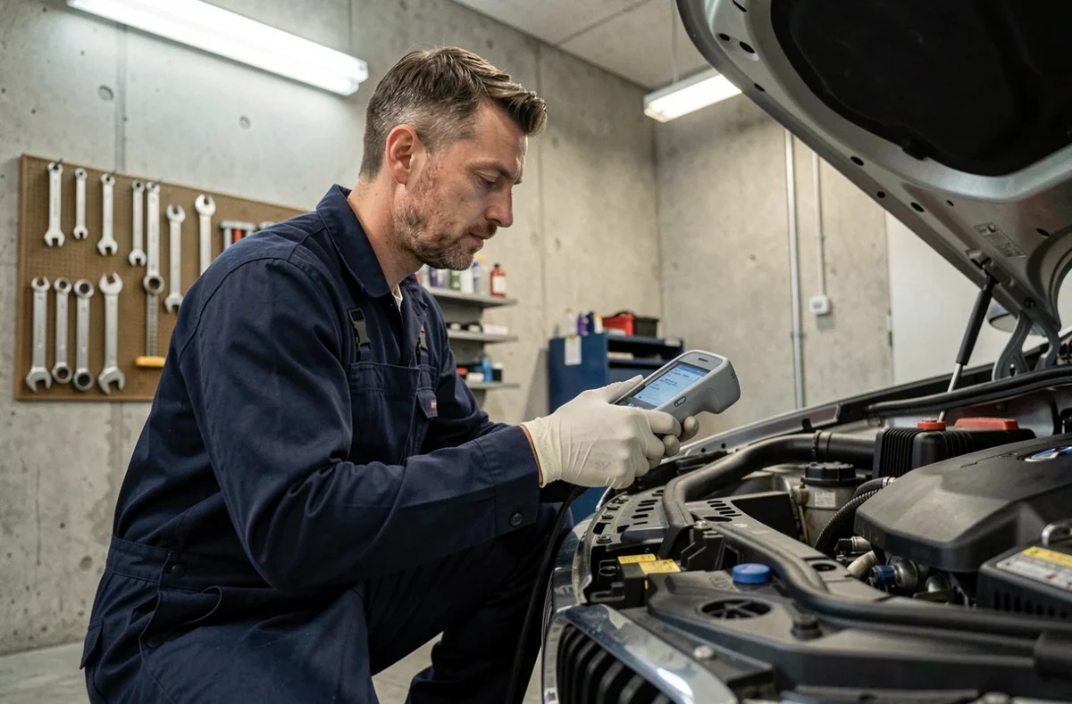 Technicien automobile diagnostiquant un moteur BMW B47 avec un scanner OBD dans un garage professionnel