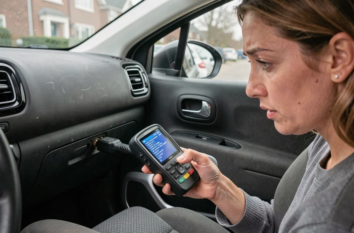 Conductrice consultant un diagnostic moteur OBD sur un Citroën C3 Aircross affichant des codes d'erreur liés au moteur PureTech 1.2