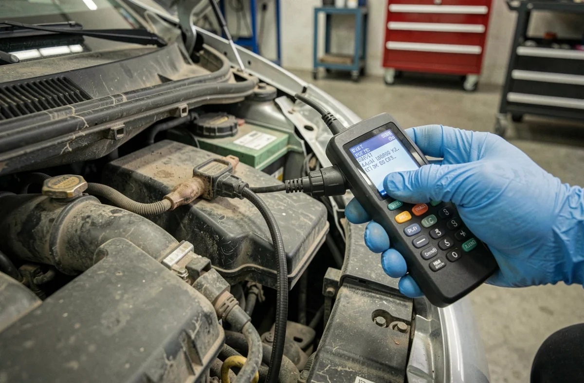 Diagnostic OBD sur moteur Renault Clio 2 avec lecteur de codes de panne branché