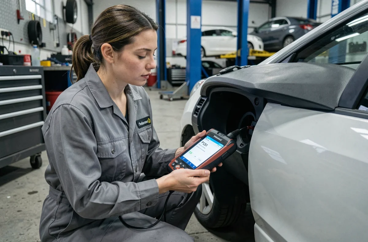 Technicienne automobile branchant un scanner OBD2 sur une Peugeot d'occasion affichant le code défaut P1351