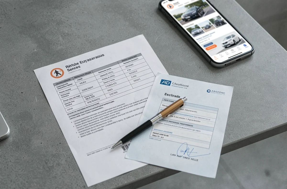 Document d'amende pour défaut d'assurance et certificat d'assurance automobile posés sur un bureau