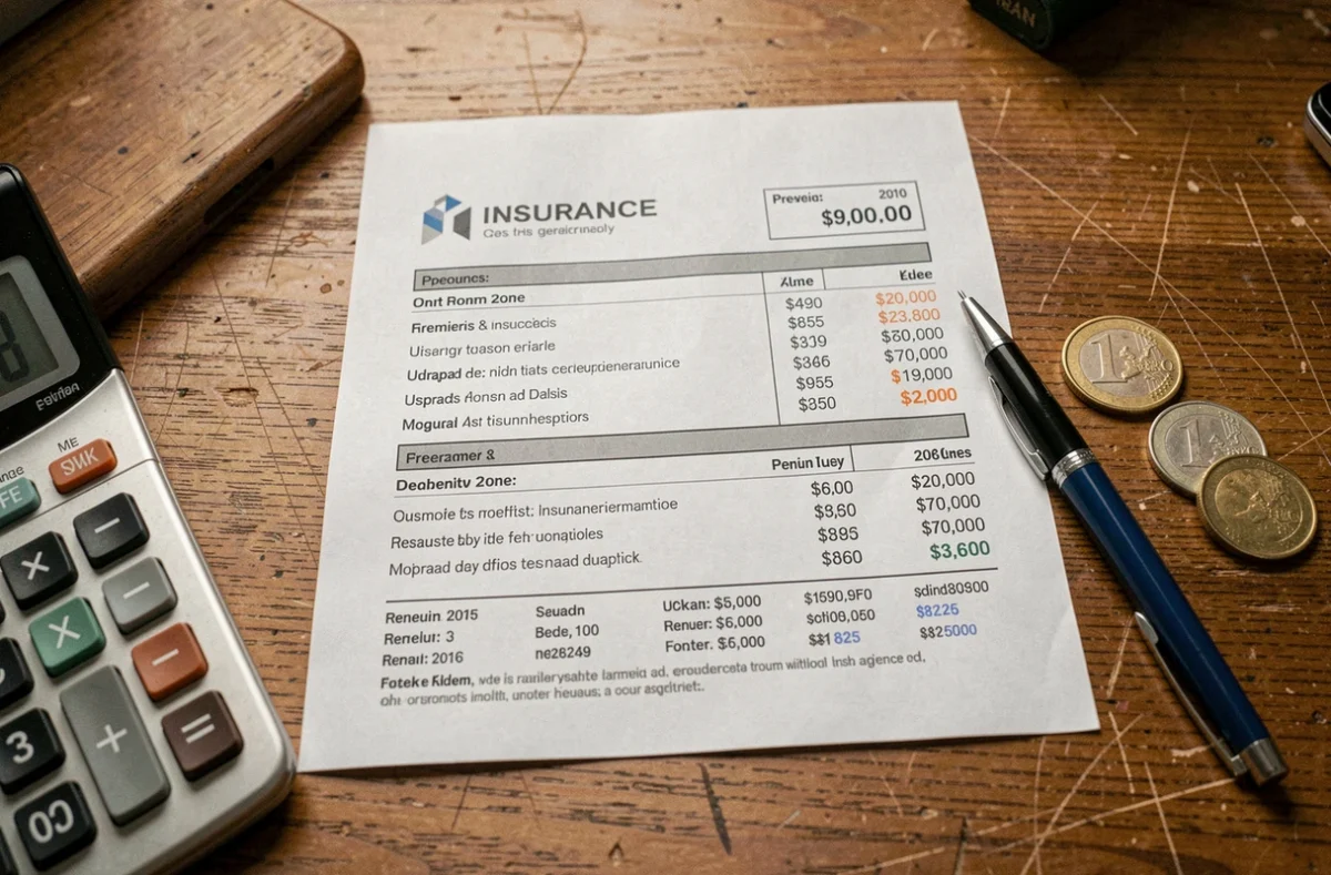 Documents d'assurance auto avec calculatrice et pièces en euros sur un bureau
