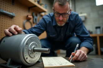 Électricien inspectant la plaque signalétique d'un moteur électrique domestique affichant les valeurs en CV et kW
