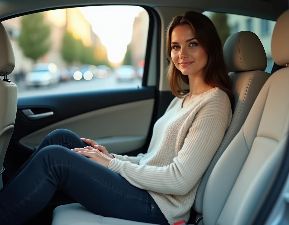 Passagère assise à l'arrière de la Nouvelle Citroën C3 montrant l'espace aux jambes généreux de la citadine