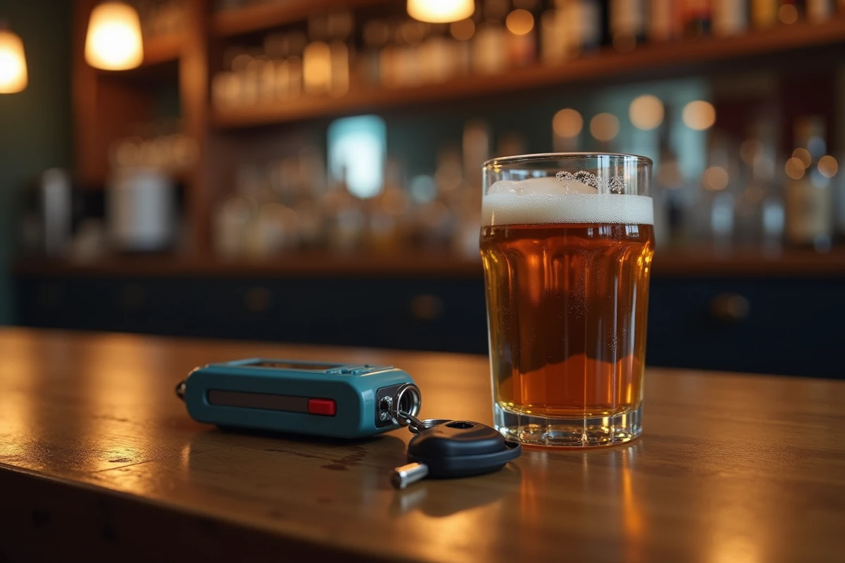 Éthylotest alcootest posé sur un comptoir de bar avec des clés de voiture et une bière