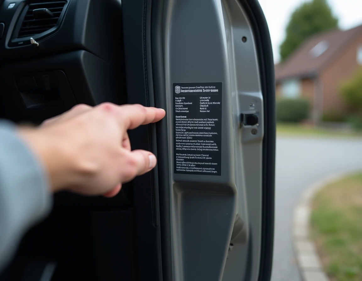 Étiquette de pression des pneus recommandée visible sur le montant de porte d'une Seat Ibiza, avec un doigt pointant les valeurs