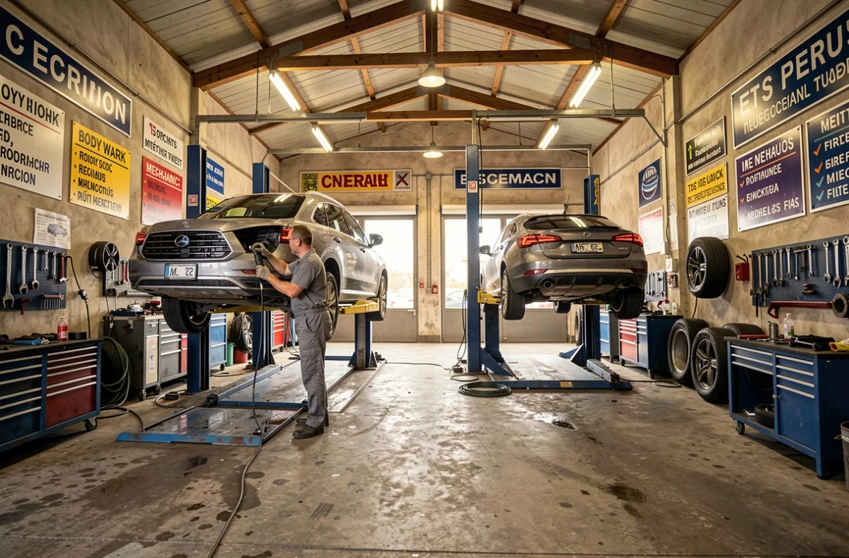 Atelier polyvalent des Ets Perusin en Dordogne avec un mécanicien effectuant une vidange sur un SUV surélevé