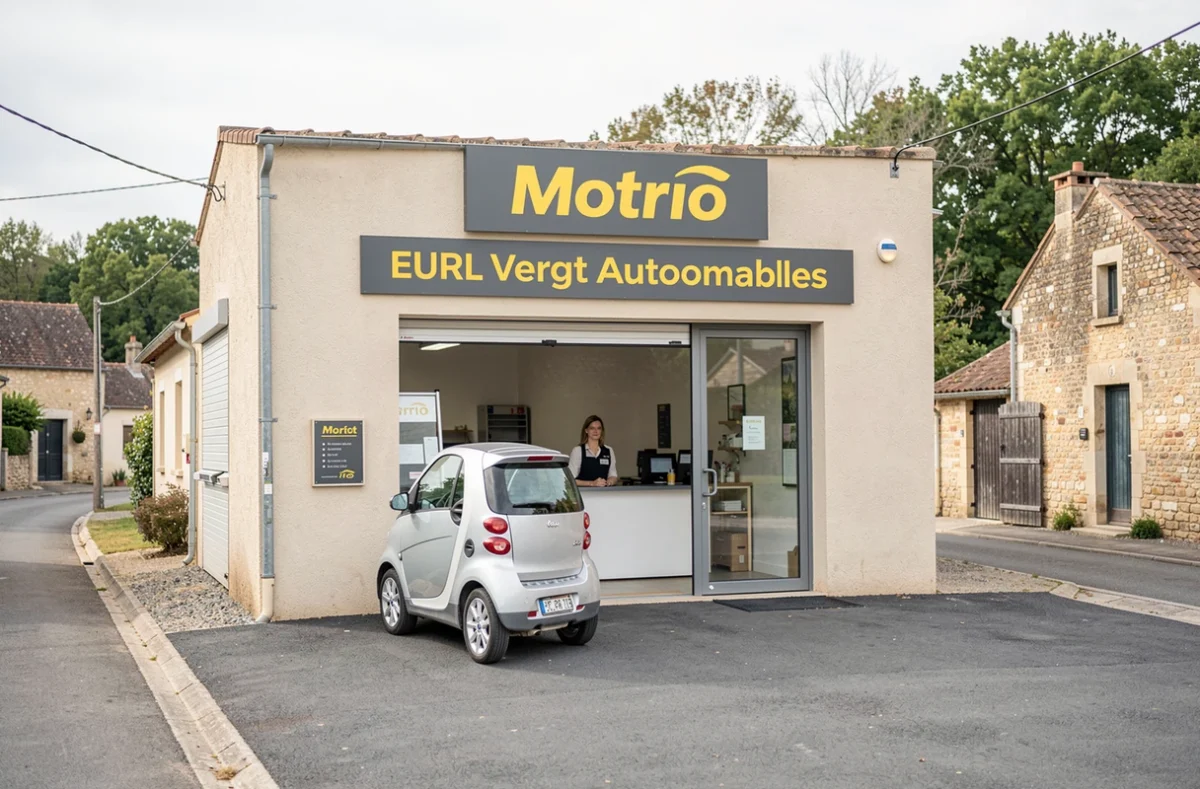 Devanture du garage Motrio EURL Vergt Automobiles à Vergt en Dordogne avec une conseillère visible à l'accueil
