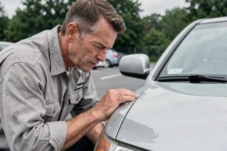 Homme examinant le numéro VIN sur le pare-brise d'une voiture dans un parking