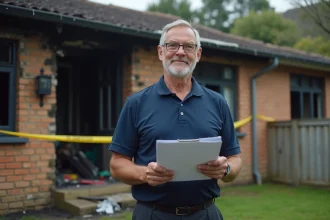 Expert en assurance inspectant une maison sinistrée après incendie avec presse-papiers, évaluation des frais de gardiennage après sinistre