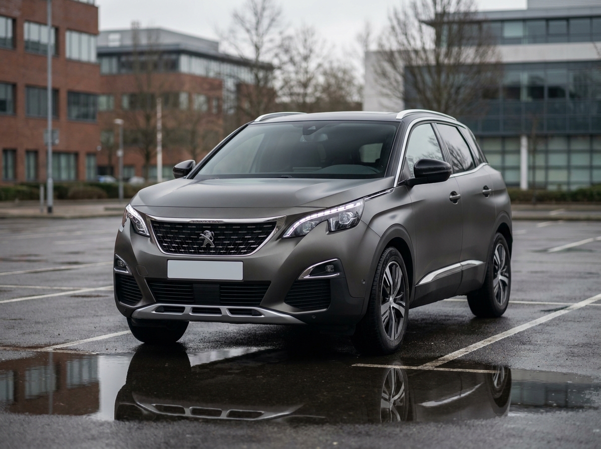 Face avant complète d'un Peugeot 3008 gris montrant les deux phares LED sur parking urbain sous ciel nuageux