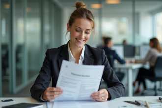 Femme d'affaires souriante vérifiant documents d'assurance