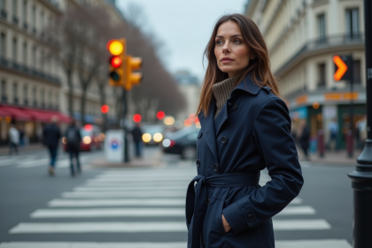 Femme en trench et jeans attendant au passage piéton parisien