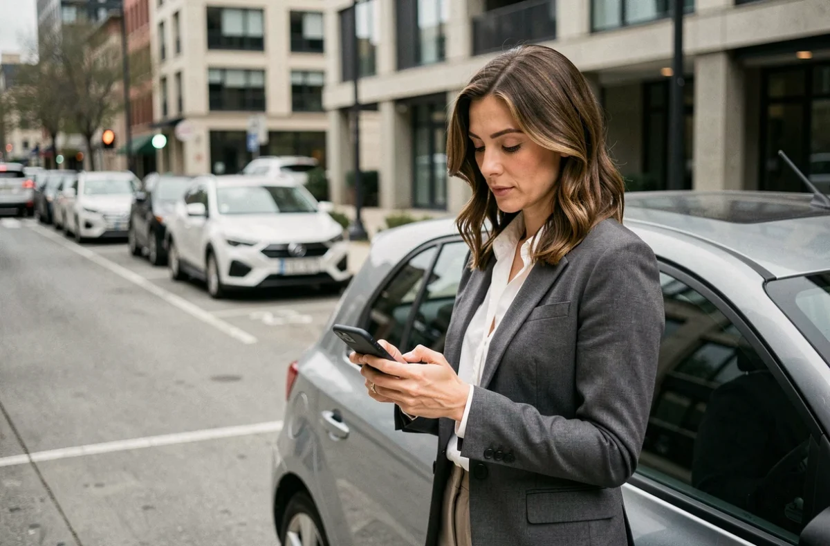 Femme auto-entrepreneur comparant des devis d'assurance auto sur smartphone près de sa voiture