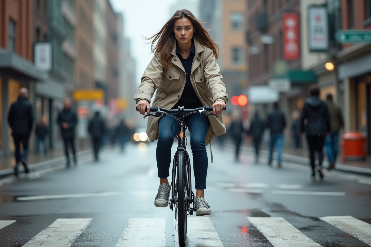 Jeune femme freinant en ville sur vélo urbain