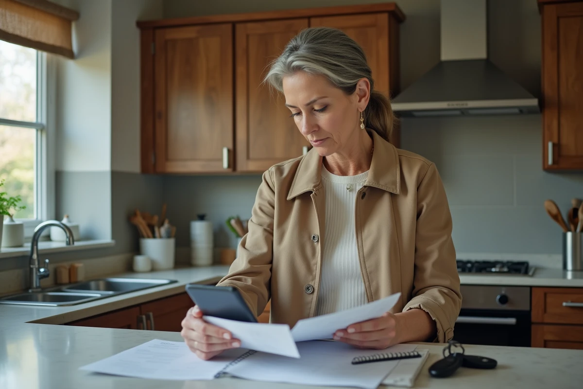 Femme cherche documents dans la cuisine