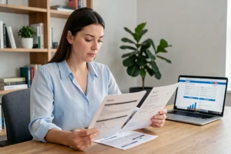 Femme comparant des offres d'assurance auto sur des documents imprimés dans un bureau à domicile moderne