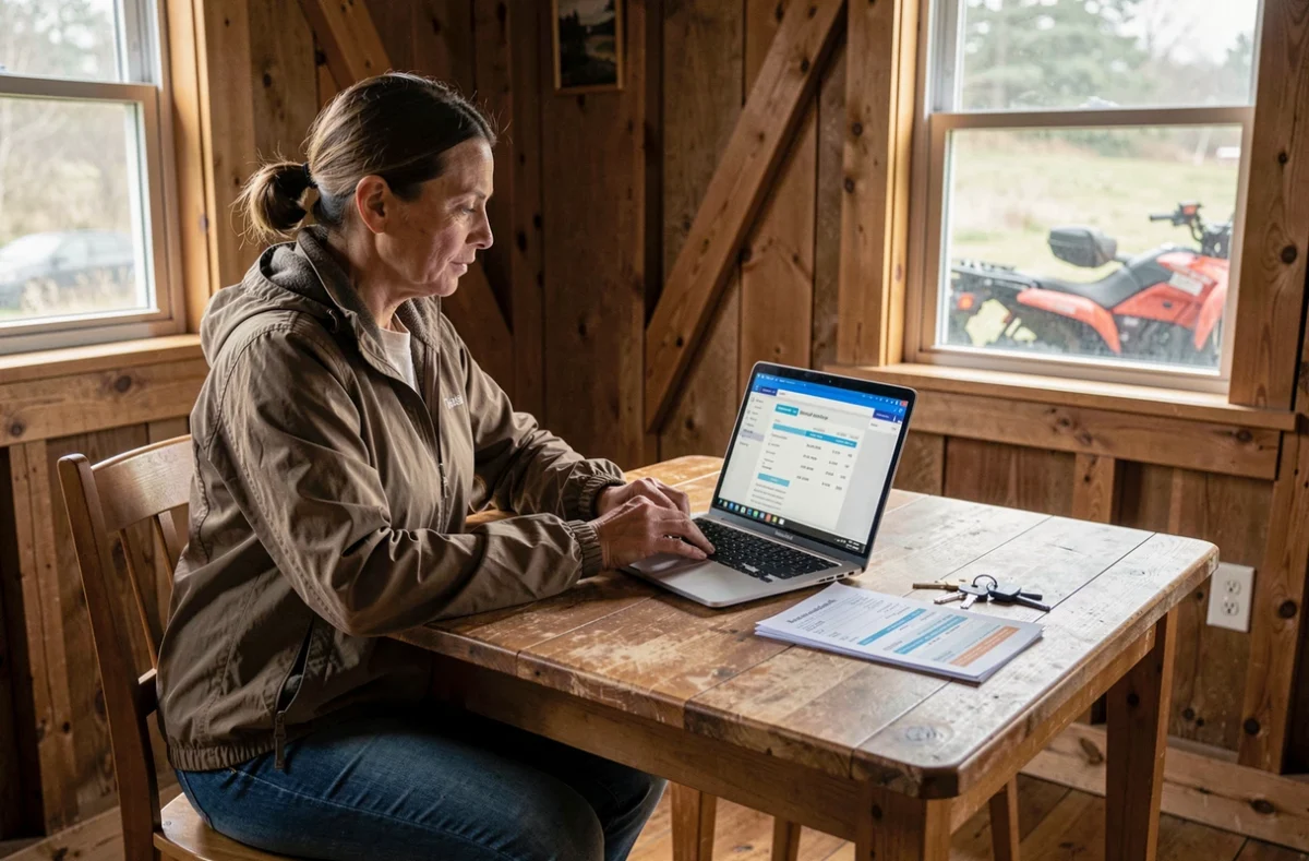 Femme comparant des tarifs d'assurance quad 500cc sur un ordinateur portable à une table en bois dans une maison rurale