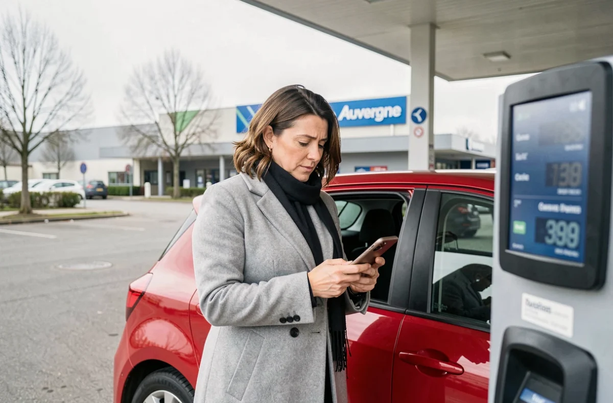 Femme consultant son téléphone pour comparer les prix de l'essence dans une station de supermarché à Clermont-Ferrand